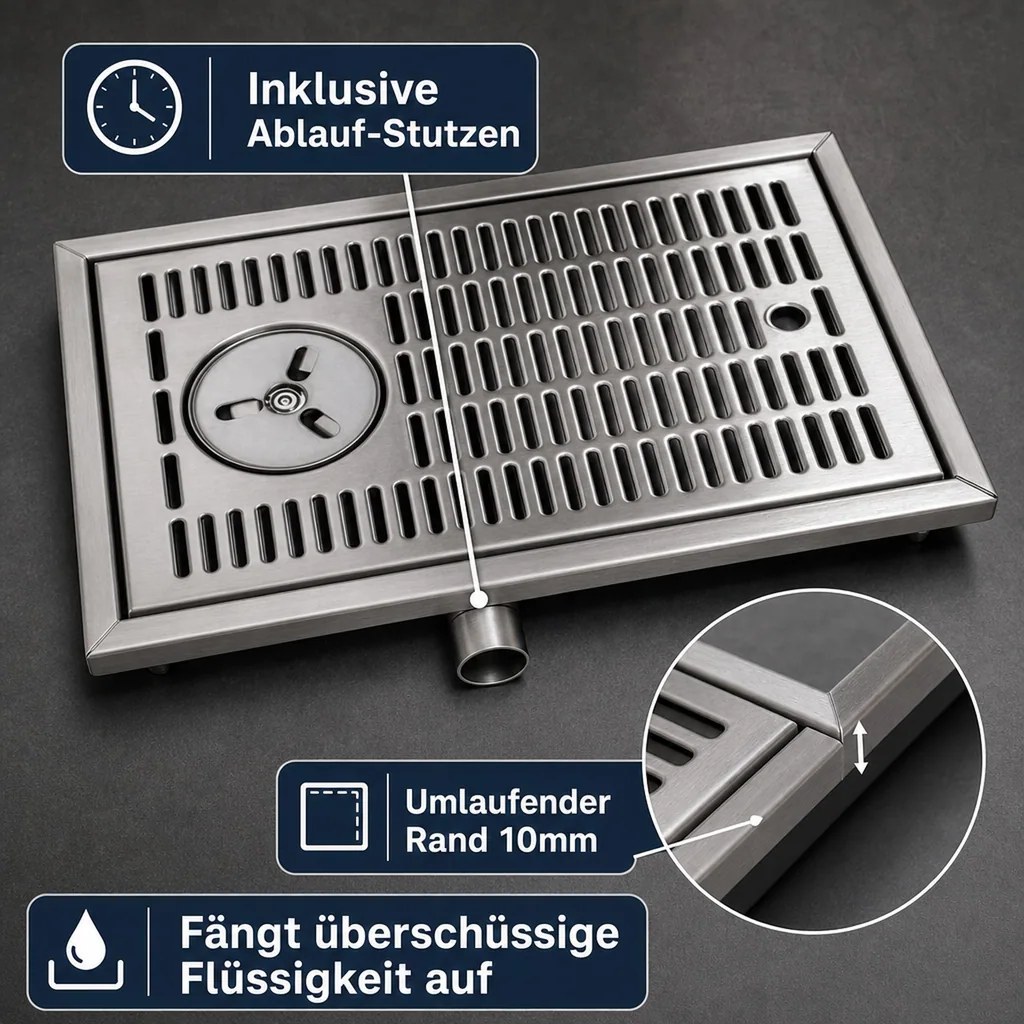 Tropfblech, Abtropfblech, Tropfschale - CNS zum Einlassen für Gläserdusche, 480 x 313 mm