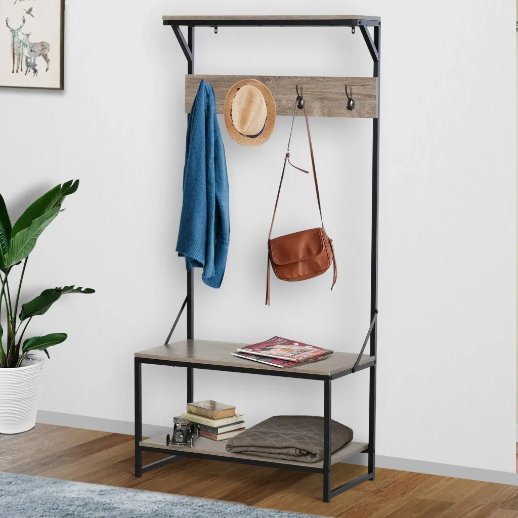 Garderobe mit 4 Haken und Schuhablage, natur