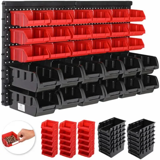 3x Werkzeugregal mit Stapelboxen 32 Stück - 2 Wandplatten von 32x38x2 cm