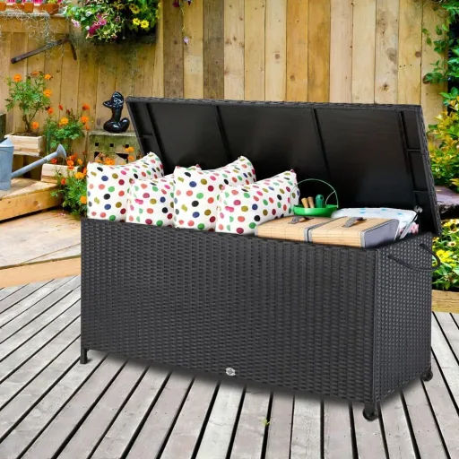 Aufbewahrungsbox Polyrotan auf Rädern schwarz 122 x 56 x 61cm