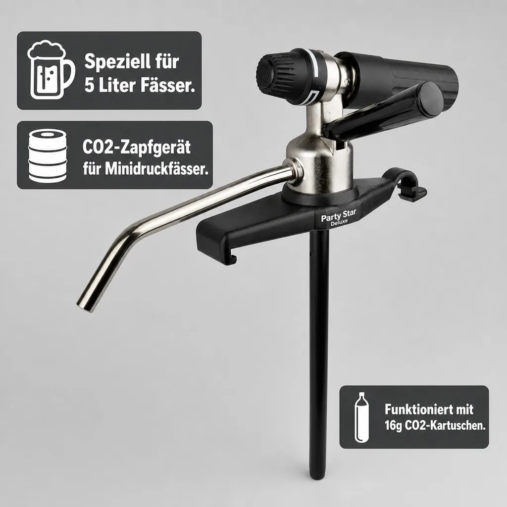 Bierfass Adapter, Bierzapfgerät für 5 Liter Fässer CO2 - Party Star Deluxe