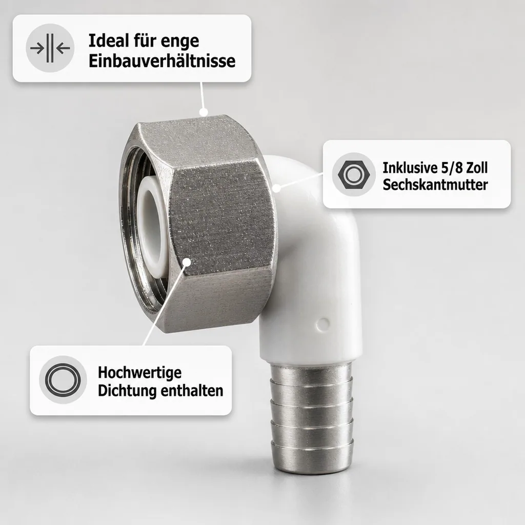 Winkelverschraubung CNS 90° für Bierschlauch 5/8 Zoll, NW 7mm