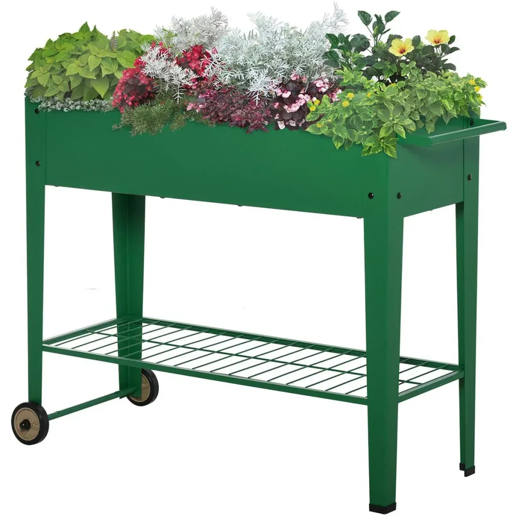 Grüner Metall-Pflanzkübel mit Rädern und Regal 104 x 39 x 80 cm
