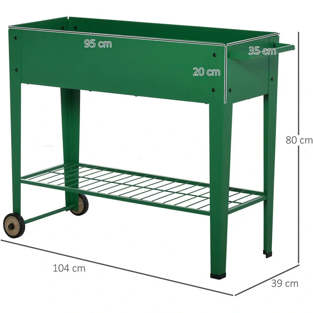 Grüner Metall-Pflanzkübel mit Rädern und Regal 104 x 39 x 80 cm