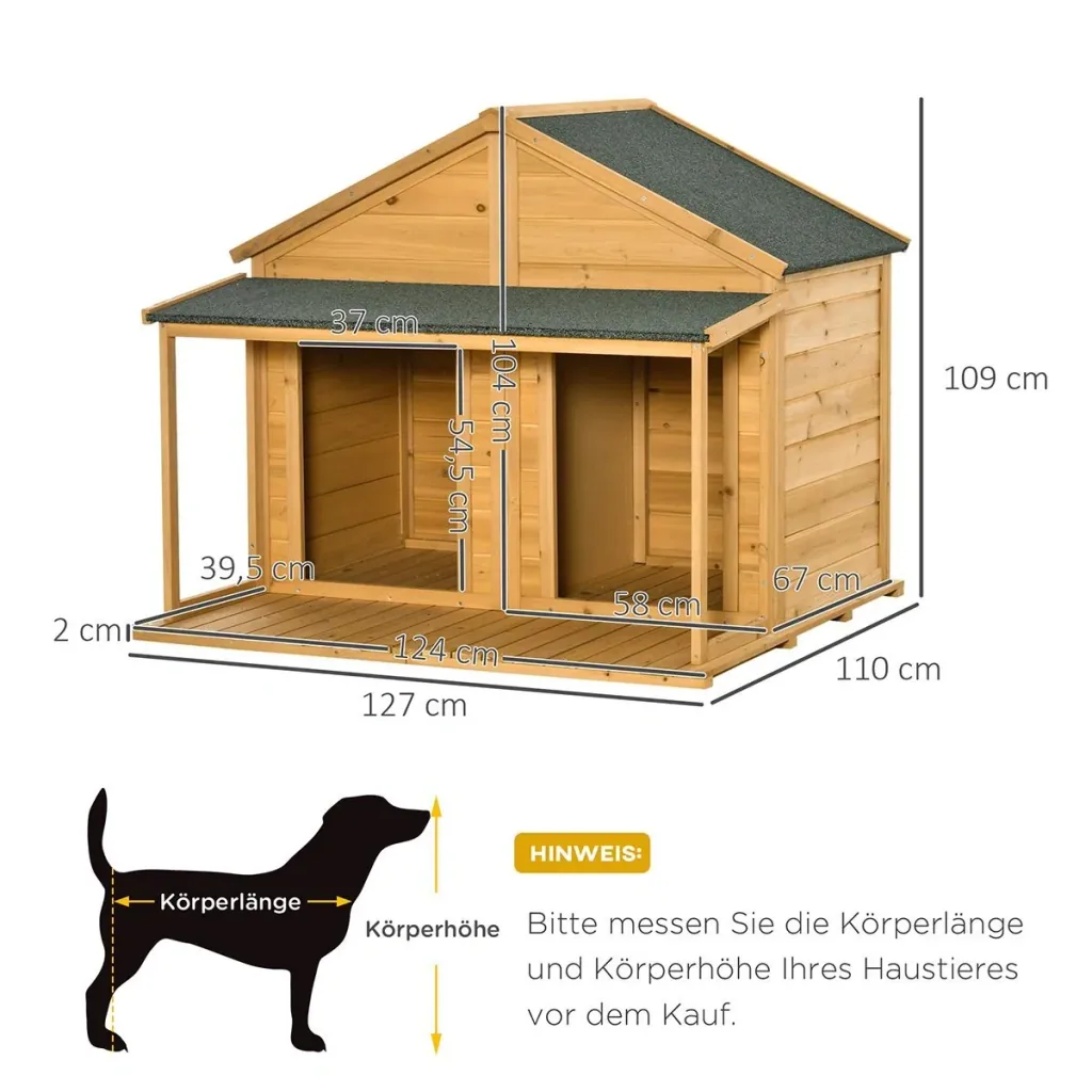 Hundehütte aus Massivholz isoliertes Hundehaus mit 2 Räume Asphaltdach Outdoor Hütte mit Terrasse Gelb+Grün 127 x 110 x