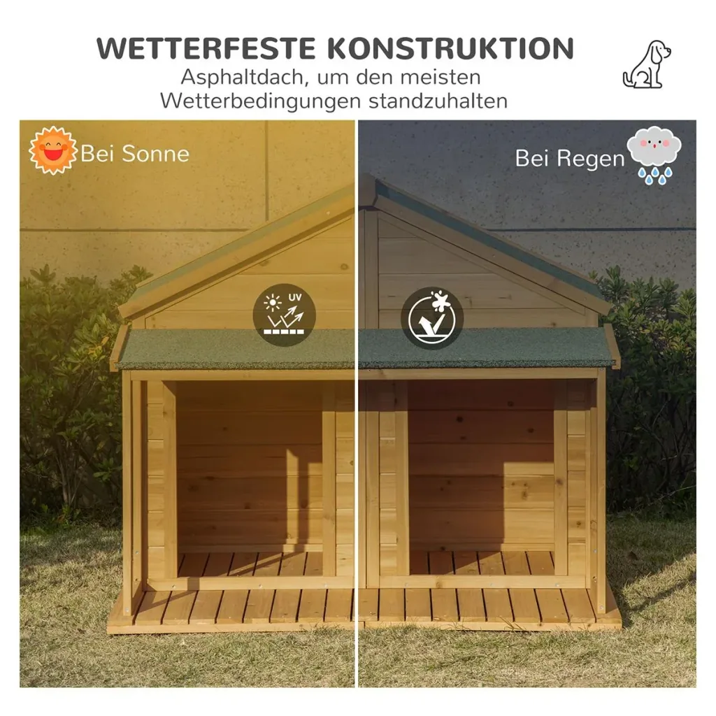 Hundehütte aus Massivholz isoliertes Hundehaus mit 2 Räume Asphaltdach Outdoor Hütte mit Terrasse Gelb+Grün 127 x 110 x