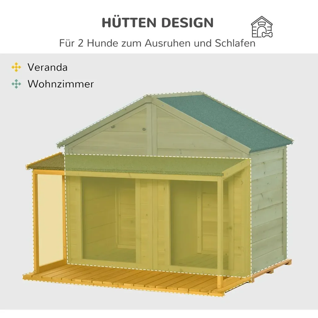 Hundehütte aus Massivholz isoliertes Hundehaus mit 2 Räume Asphaltdach Outdoor Hütte mit Terrasse Gelb+Grün 127 x 110 x