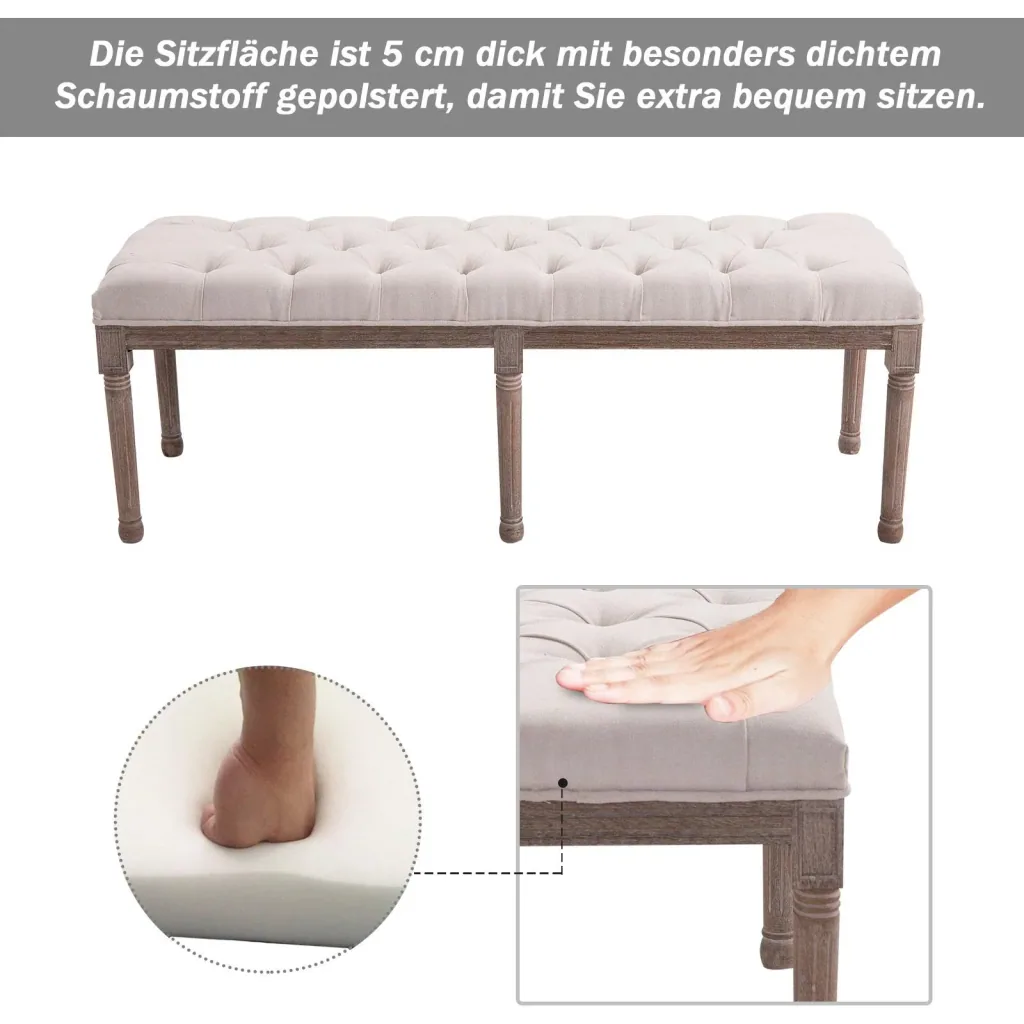 Polsterbank Sitzbank Truhenbank Lounge Sitzhocker Retro mit Knöpfen Leinen+Holz beige 142 x 47 x 51 cm