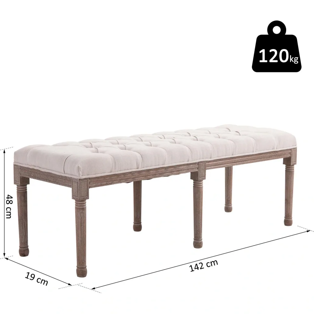 Polsterbank Sitzbank Truhenbank Lounge Sitzhocker Retro mit Knöpfen Leinen+Holz beige 142 x 47 x 51 cm