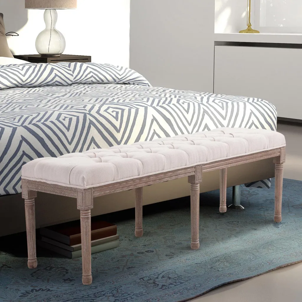 Polsterbank Sitzbank Truhenbank Lounge Sitzhocker Retro mit Knöpfen Leinen+Holz beige 142 x 47 x 51 cm