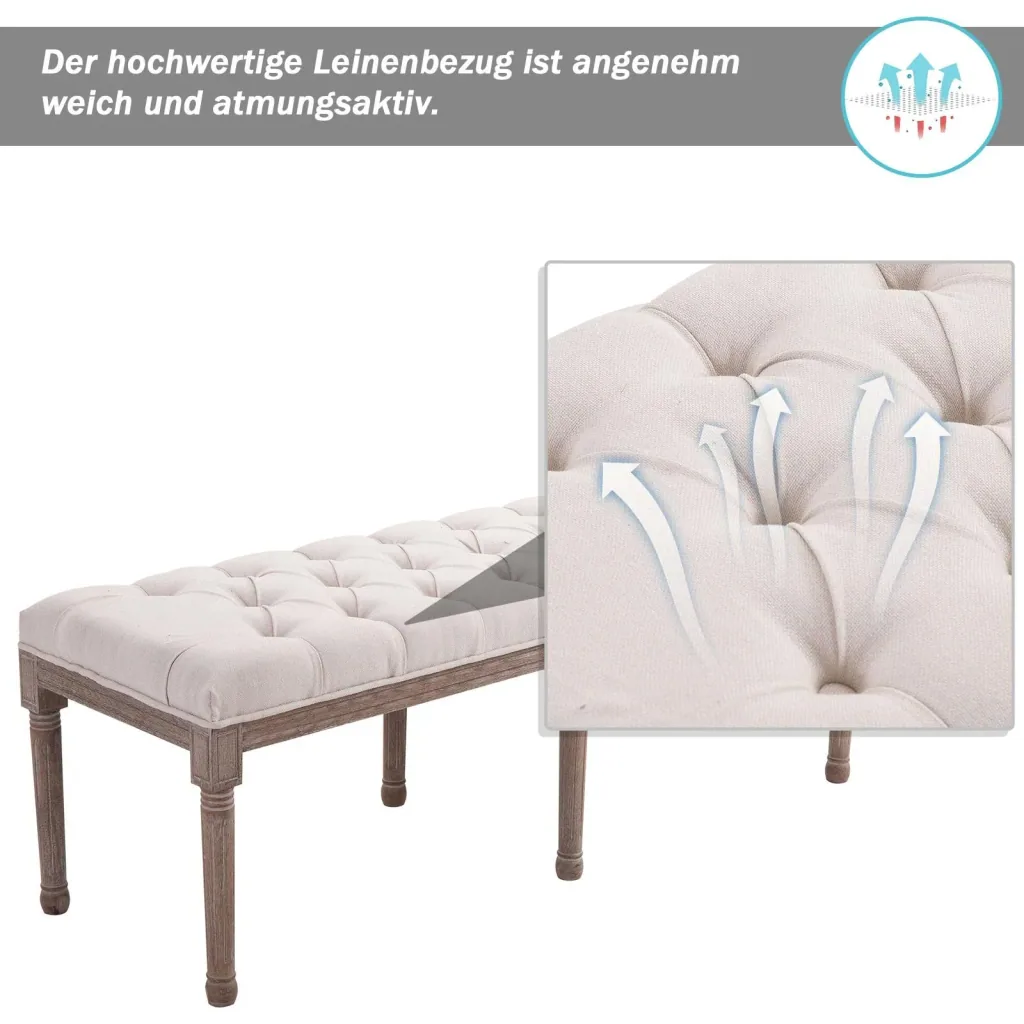 Polsterbank Sitzbank Truhenbank Lounge Sitzhocker Retro mit Knöpfen Leinen+Holz beige 142 x 47 x 51 cm