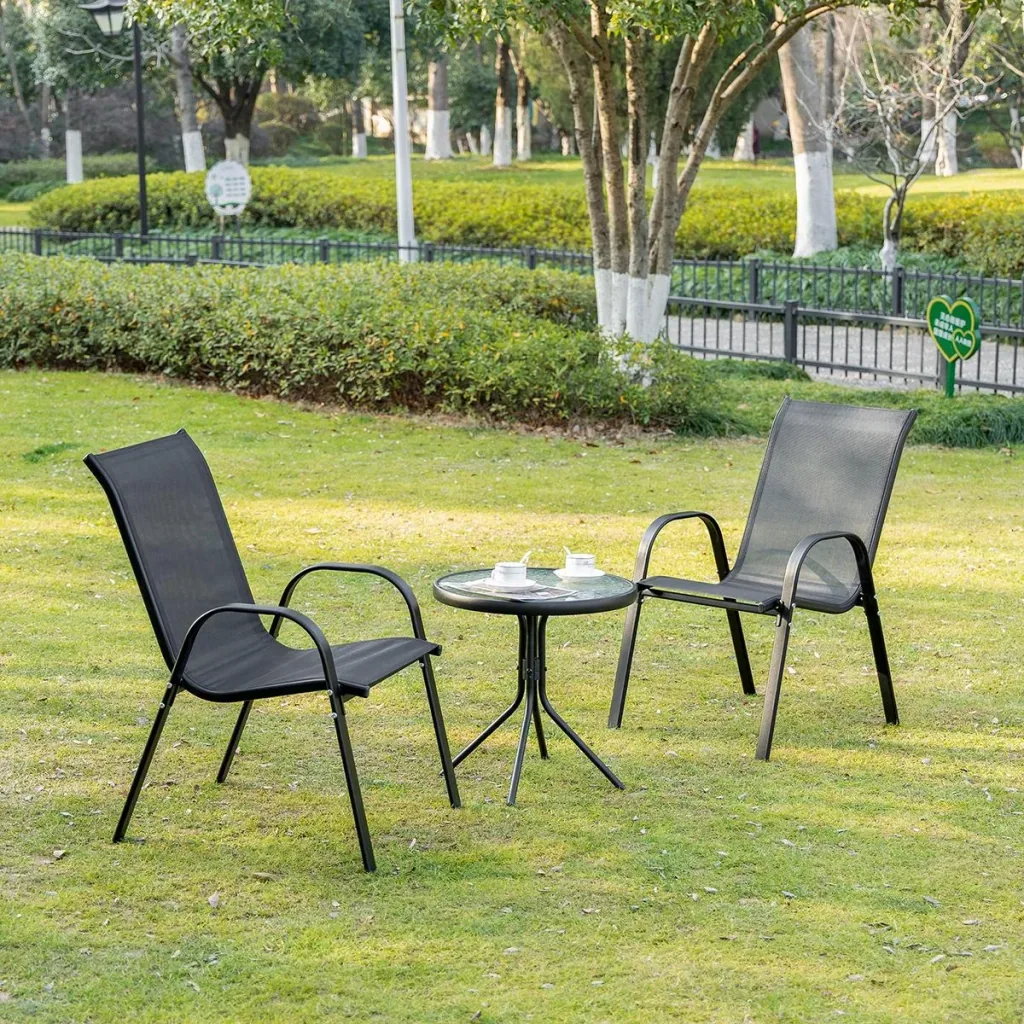 2er Set Gartenstuhl Stapelstuhl mit Armlehne Essstühle Garten Metall Mesh-Gewebe Schwarz 70 x 54 x 90 cm