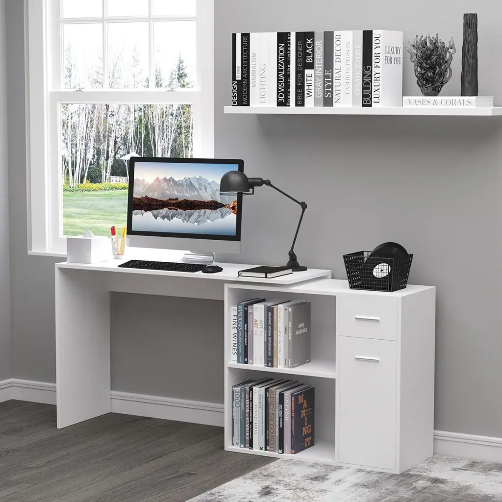 Eckschreibtisch Arbeitstisch Winkelschreibtisch PC-Tisch Computertisch Bürotisch 180-Grad-Design mit Regal und Schublade