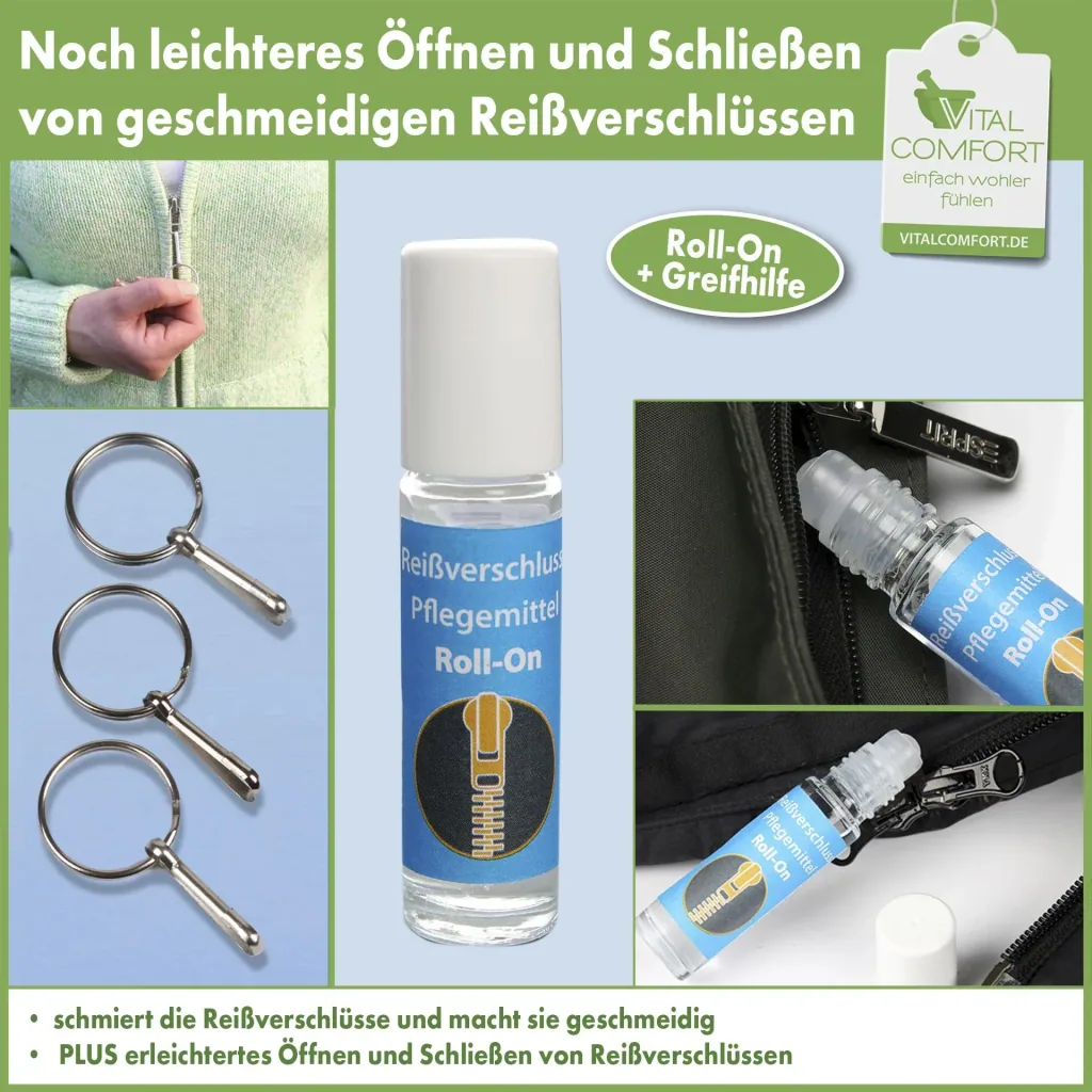 Greifhilfe für Reißverschlüsse & Reißverschluss Pflegemittel Roll-On-Set
