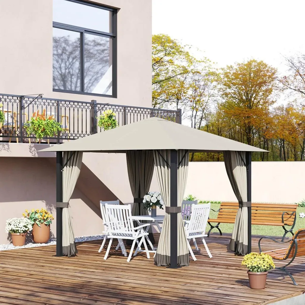 Gartenpavillon Gazebo 3 x 3 m mit Lüftungsschlitzen und 4 x Seitenteilen Wetterfest Aluminium Polyester khaki