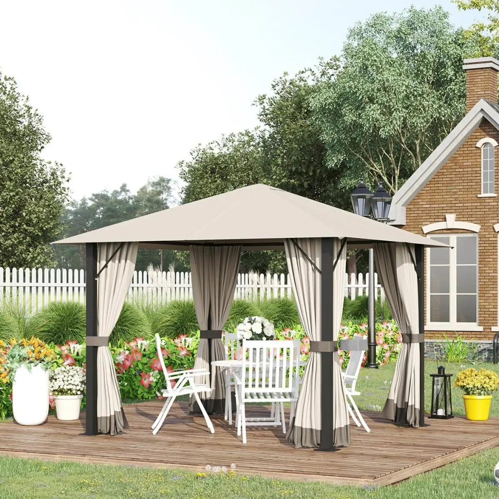 Gartenpavillon Gazebo 3 x 3 m mit Lüftungsschlitzen und 4 x Seitenteilen Wetterfest Aluminium Polyester khaki