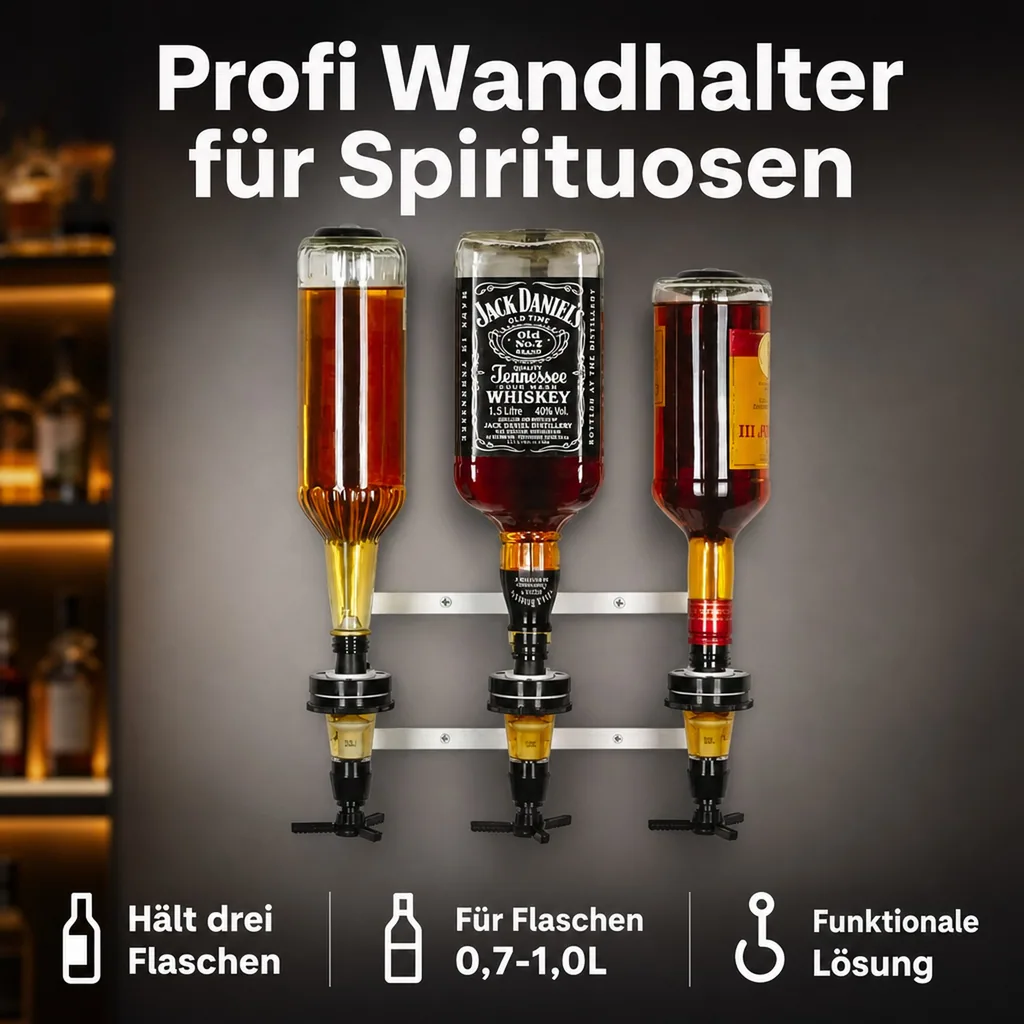 Profi Wandhalter, Flaschenhalter Spirituosen, Wandhalterung für 3 Flaschen (0,7 - 1,0L)