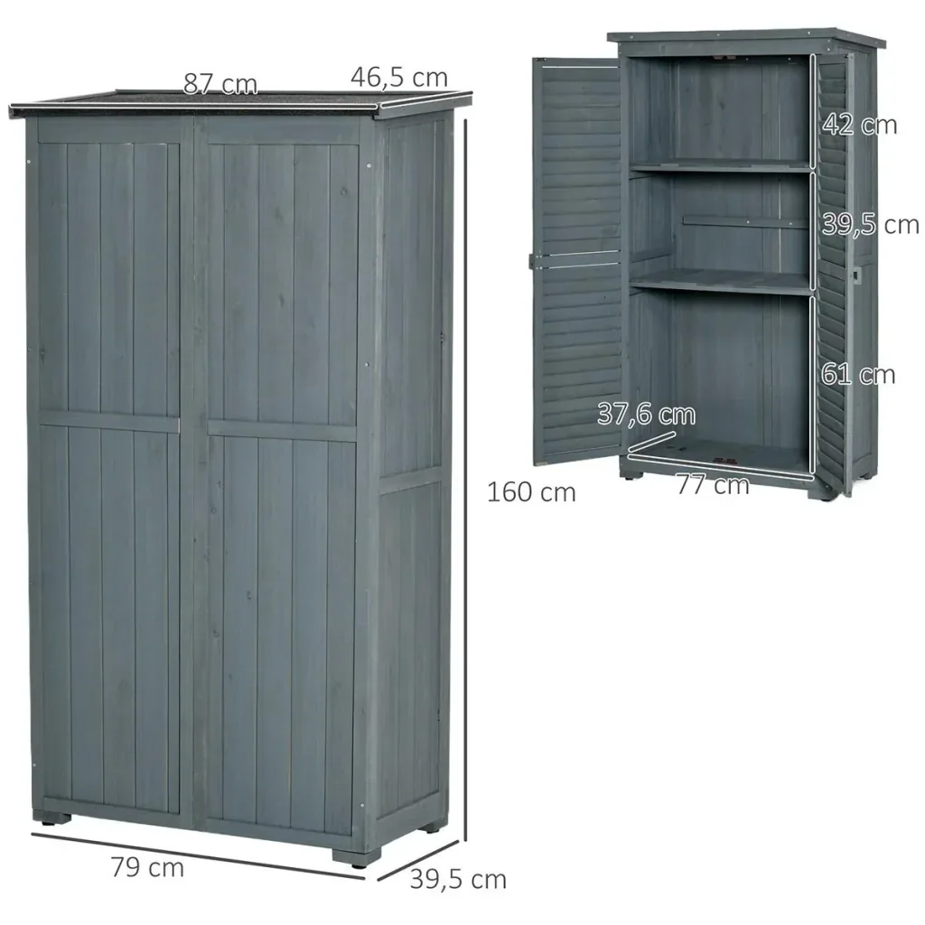 Gartenschrank Holz Gerätehaus Geräteschuppen Geräteschrank Holzhütte Pultdach Bitumenpappe Lamellentüren Grau 87 x 46,5