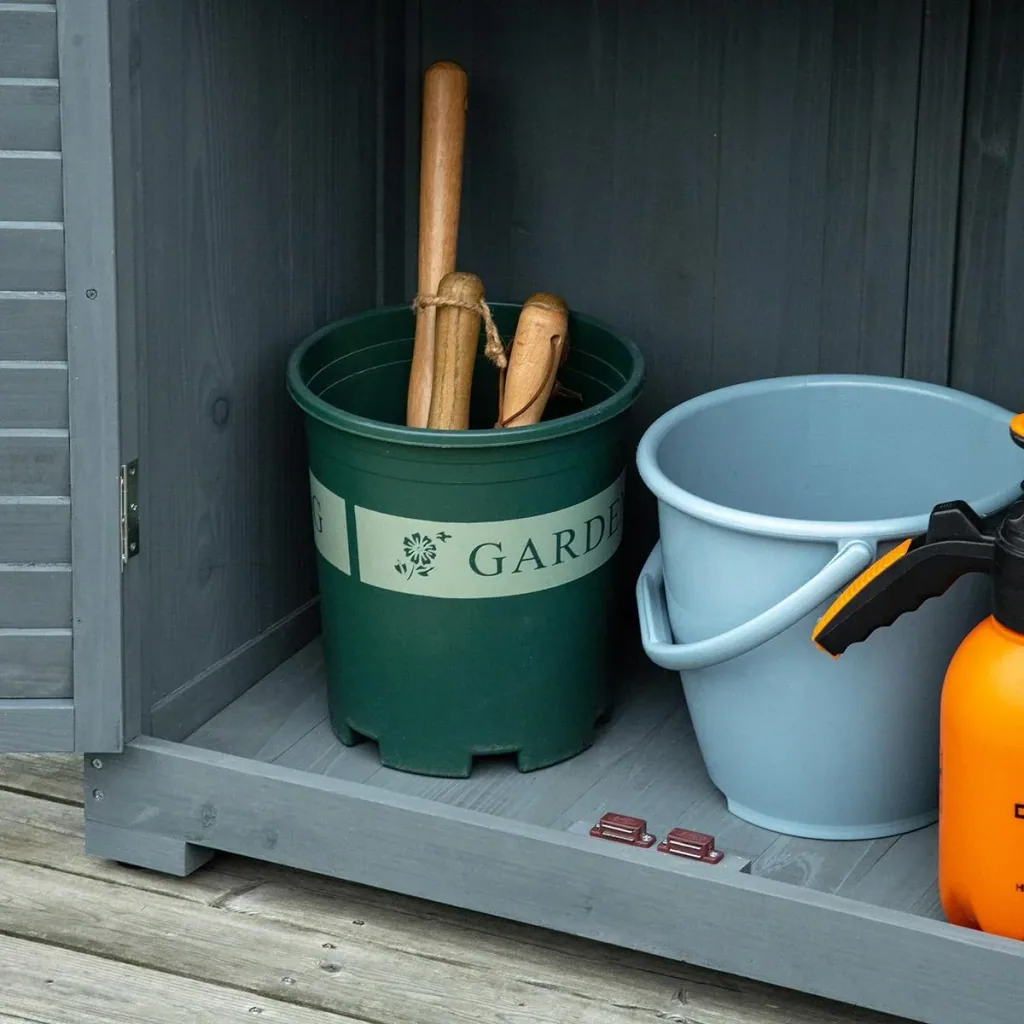Gartenschrank Holz Gerätehaus Geräteschuppen Geräteschrank Holzhütte Pultdach Bitumenpappe Lamellentüren Grau 87 x 46,5