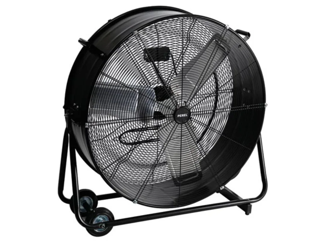 Großer Standventilator, Ø 75 cm, Metalltrommel, schwarz, leiser Betrieb, höhenverstellbar, Innen-/Außenbereich
