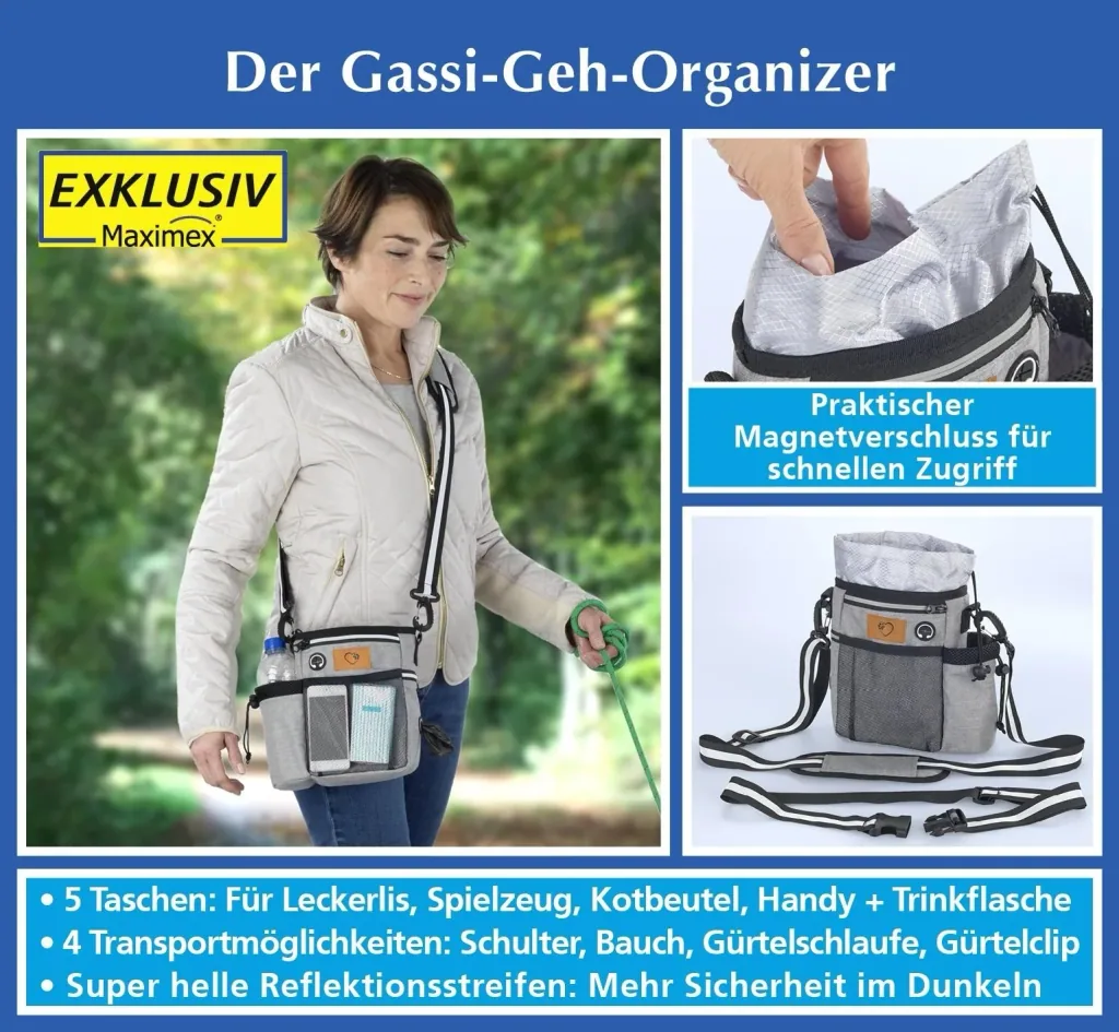 Futterbeutel "Gassi-Geh-Organizer", Umhängetasche mit Trageriehmen, Grau