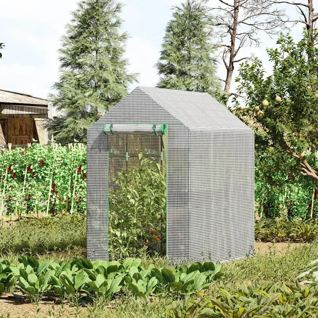 Foliengewächshaus begehbares Gewächshaus mit 4 Regalebenen Tomatengewächshaus Treibhaus Frühbeet mit Tür Grün Stahl PE 1