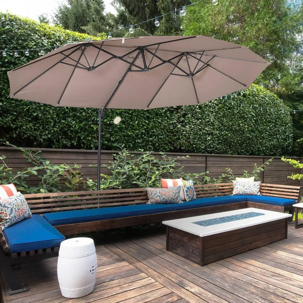 Sonnenschirm mit Kurbel, Doppelschirm, Verstellbarer Gartenschirm, Sonnenschutz, Metall, Braun, 440 x 270 x 250 cm