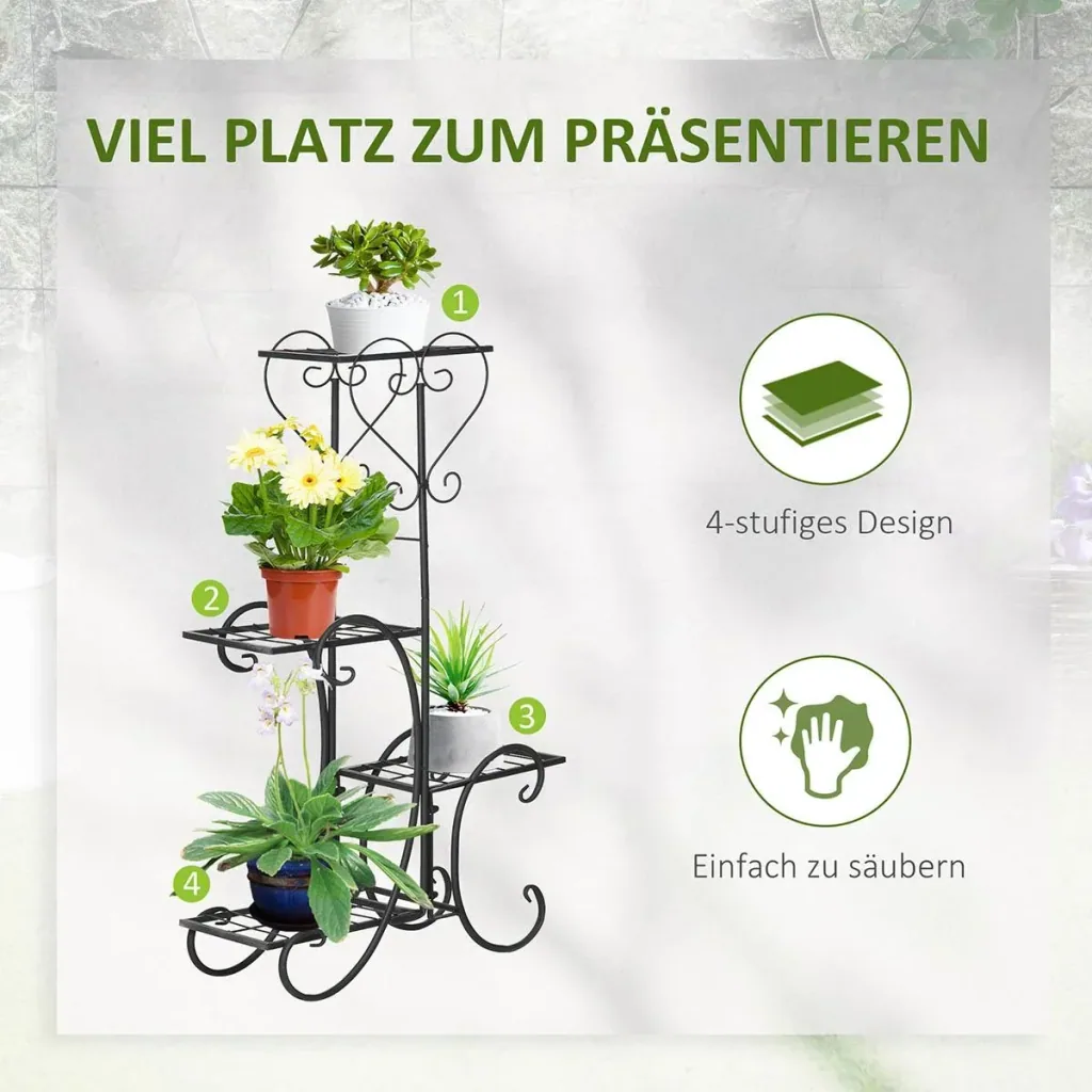 Blumenregal aus Metall 4 Ebenen Pflanzenregal für innen und außen Garten Balkon Schwarz 45 x 24,5 x 80 cm