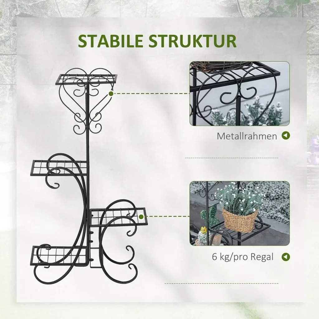 Blumenregal aus Metall 4 Ebenen Pflanzenregal für innen und außen Garten Balkon Schwarz 45 x 24,5 x 80 cm