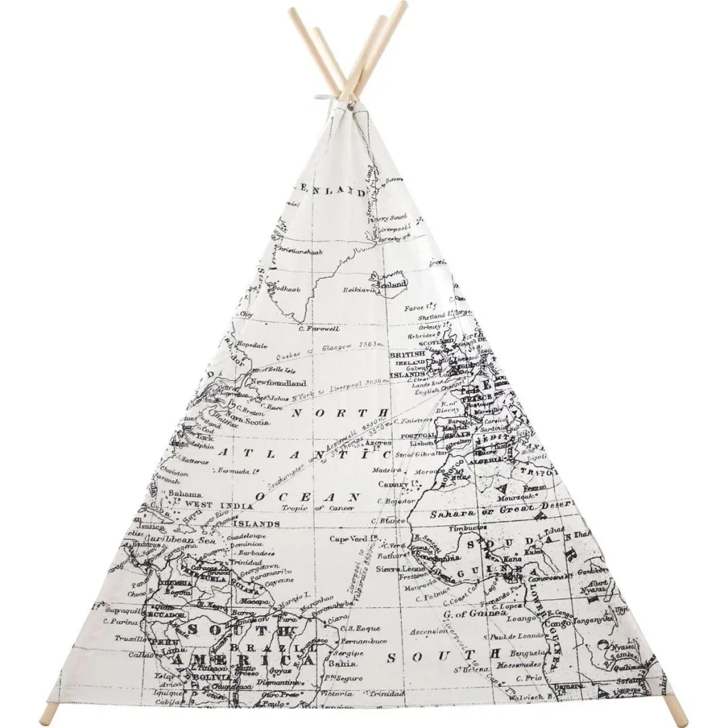 Weltkarte Tipi-Zelt | Schwarz und Weiß | Wigwam Spielzelt|100% Baumwolle|120x120x160cm