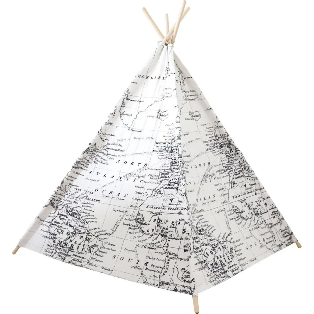 Weltkarte Tipi-Zelt | Schwarz und Weiß | Wigwam Spielzelt|100% Baumwolle|120x120x160cm