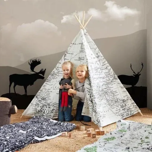Weltkarte Tipi-Zelt | Schwarz und Weiß | Wigwam Spielzelt|100% Baumwolle|120x120x160cm