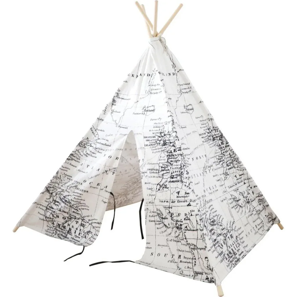 Weltkarte Tipi-Zelt | Schwarz und Weiß | Wigwam Spielzelt|100% Baumwolle|120x120x160cm