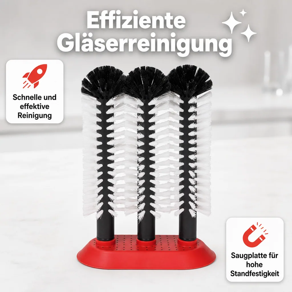 Gläserspülbürste, Gläserspülgerät mit Saugplatte, 3 x 25 cm