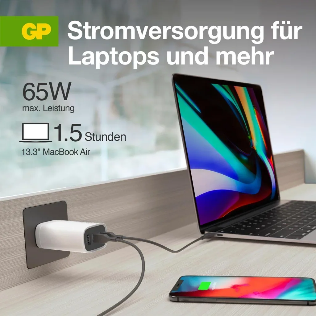 USB Schnellladeadapter mit 1 x USB-A und 2 x USB-C Anschluss inkl. Welt-Reiseadapter und USB-C Ladekabel, max. 65 Watt