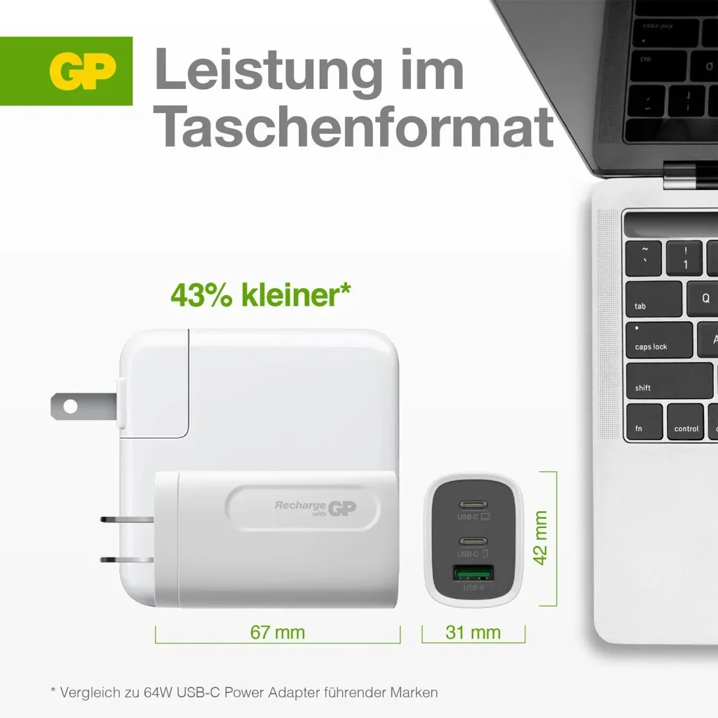 USB Schnellladeadapter mit 1 x USB-A und 2 x USB-C Anschluss inkl. Welt-Reiseadapter und USB-C Ladekabel, max. 65 Watt