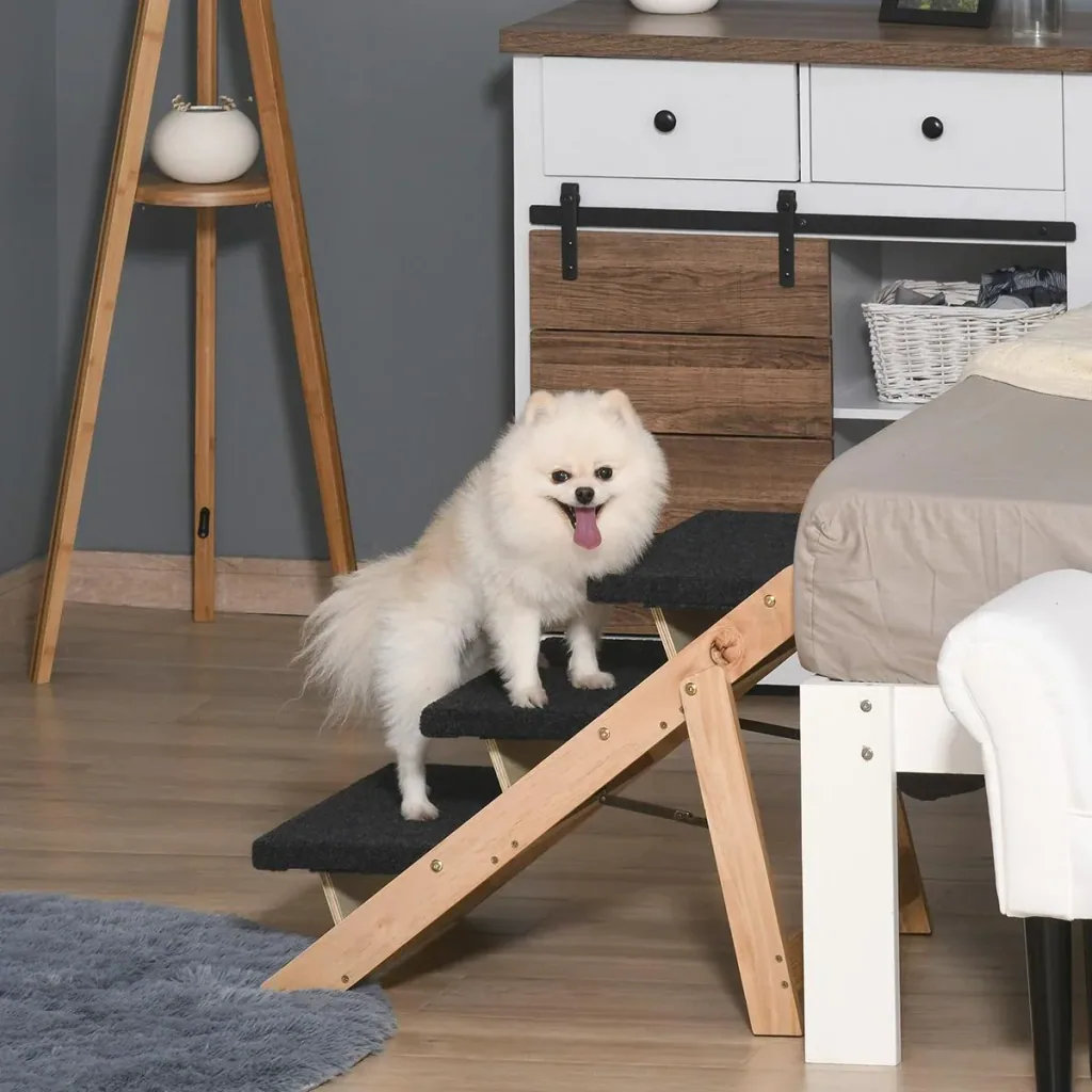 Haustiertreppe 2-in1 Hunderampe Katzentreppe Hundetreppe Faltbar Tiertreppe Kiefernholz Natur+Schwarz 60 x 47 x 50 cm