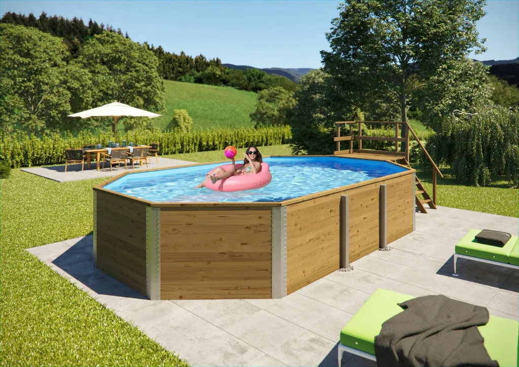 Massivholzpool 594, 714 x 376 x 116 cm, Sparset inkl. Sandfilteranlage und Technikraum