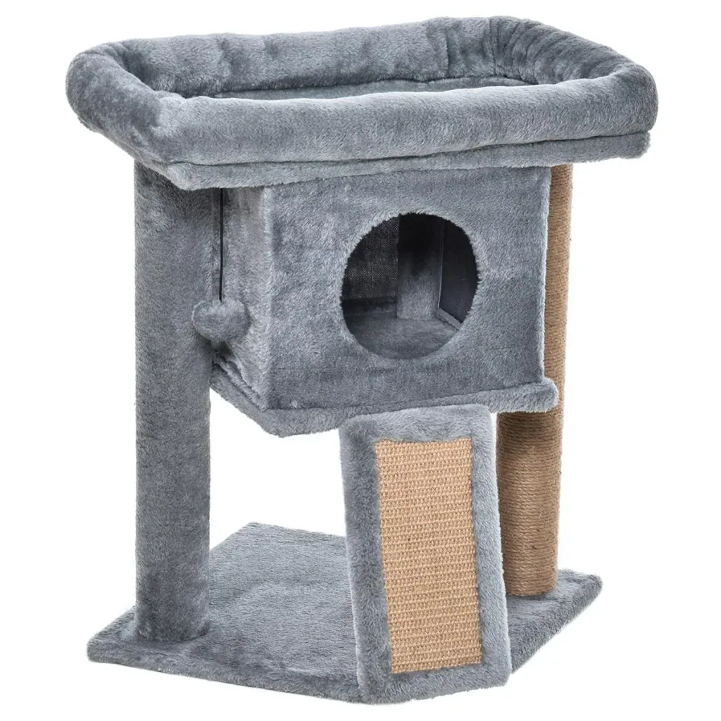 Katzenbaum mit Jute-Kratzmatte Sitzstange hängendem Ball Kratzbrett Katzenmöbel mit Türloch Haustiermöbel MDF Plüsch Jut