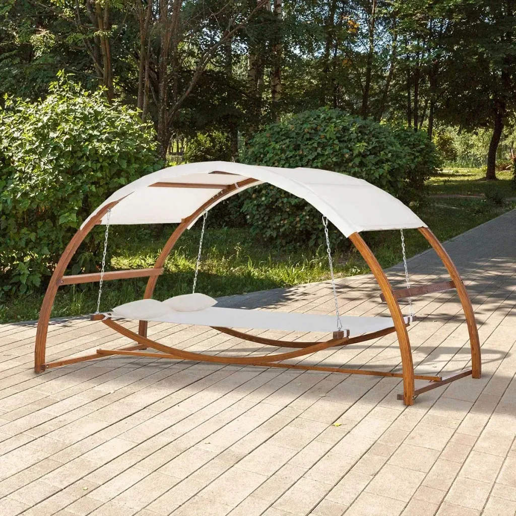 Hängematte in Gestell - Kiefernholz - Weiß/Teak - 322 x 160 x 173 cm