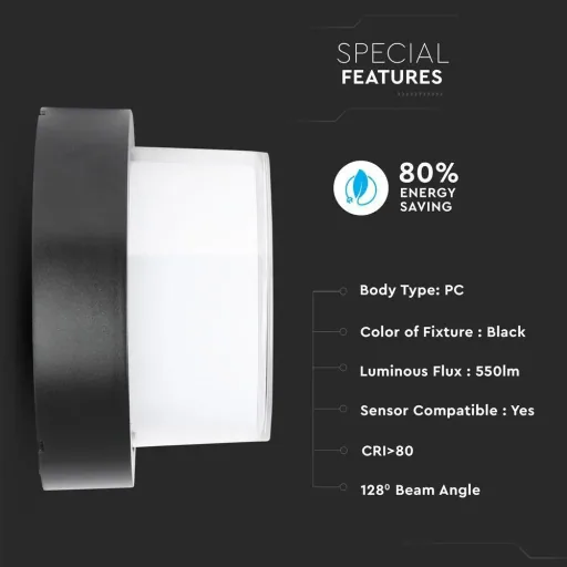 VT-831 LED-Wandleuchte - 7W - 3000K - 400 Lumen - Schwarz - Rund