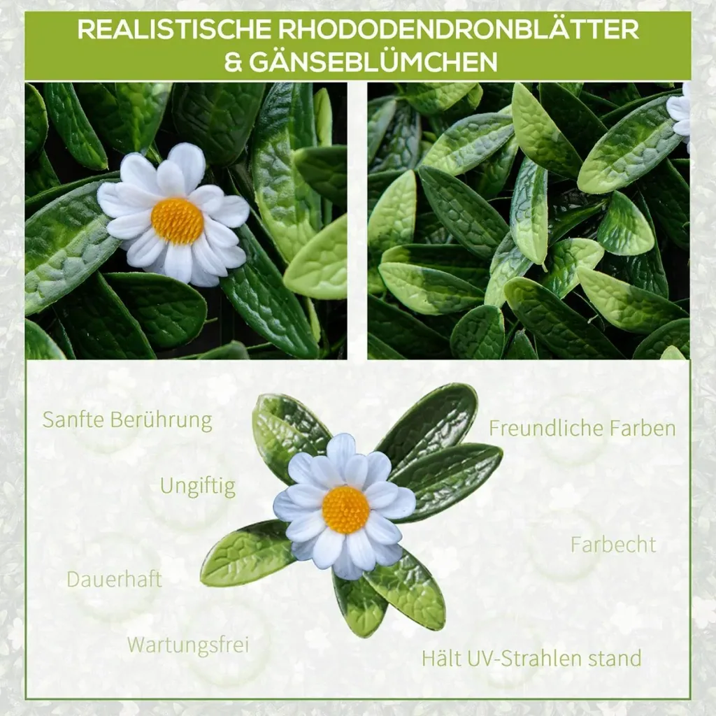 12 Stück künstliches Pflanzenwand Hecke 50x50 cm UV-Schutz Sichtschutz Rhododendronblätter Design Heckenpflanze für Gart