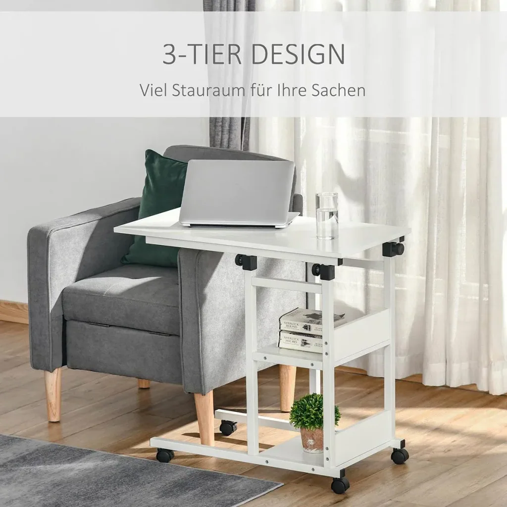 Beistelltisch Couchtisch mit Rollen, Nachttisch für Esszimmer Wohnzimmer, höhenverstellbar, 2 untere Regale, E1 Spanplat