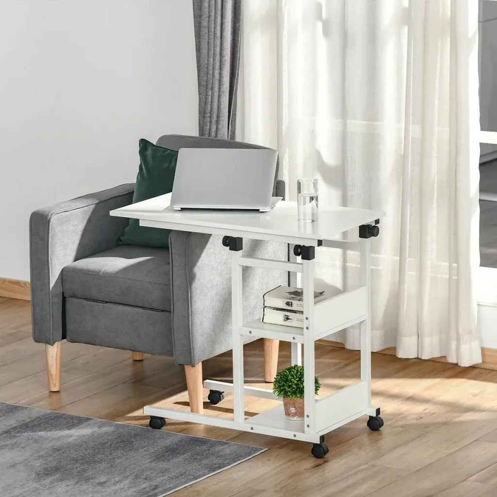 Beistelltisch Couchtisch mit Rollen, Nachttisch für Esszimmer Wohnzimmer, höhenverstellbar, 2 untere Regale, E1 Spanplat