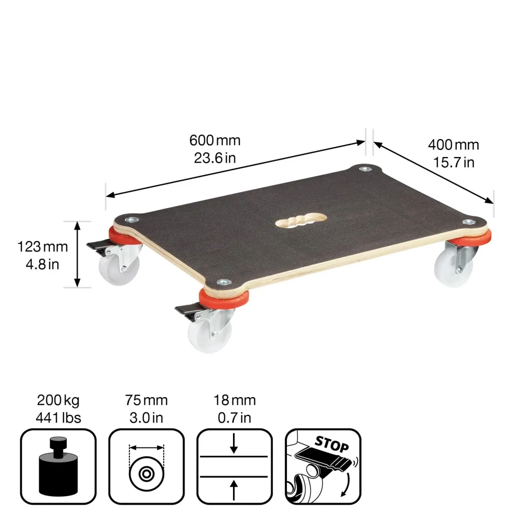 Transporthilfe MM 1370, 60 x 40 x 12,5 cm, harte Rollen Ø 75 mm, Gleitlager, 2 Bremsen, Platte FSC®, Tragkraft 200 kg