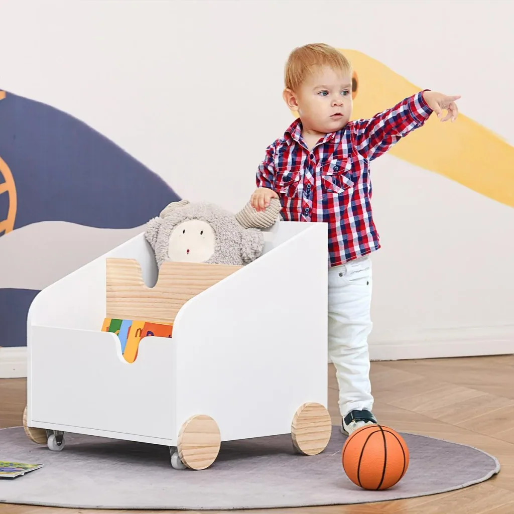 Kinderbücherregal mit Räder Bücherregal für Kinder Aufbewahrungsregal Spielzeugregal mit großem Stauraum MDF Kiefernholz