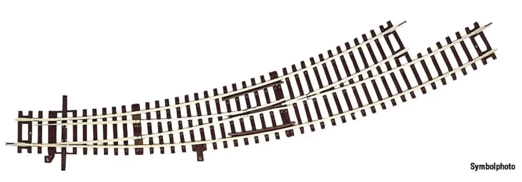 Bogenweiche links BWl3/4 ohne Antrieb, Radius des Stammgleises und des Abzweiggleises 419,6 mm (R3), Bogenwinkel 30°