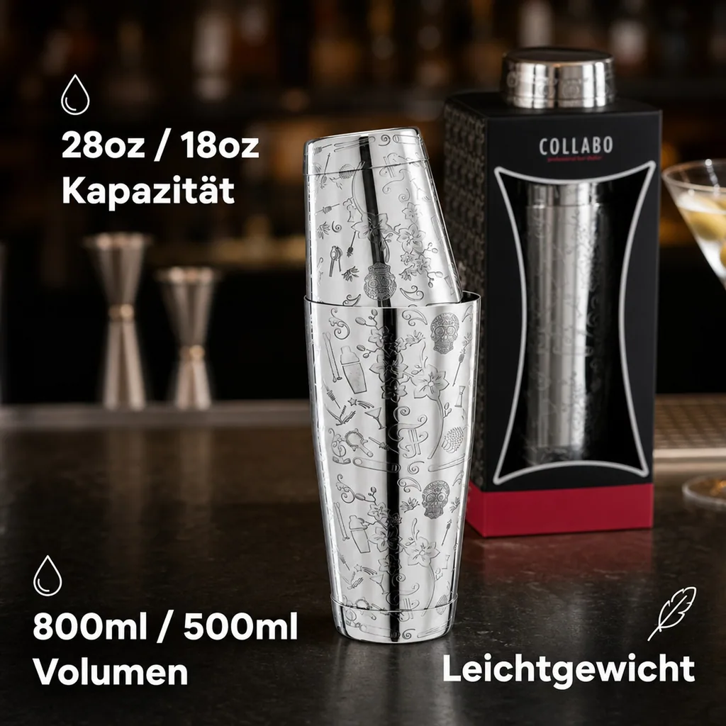Cocktail shaker - Collabo TIN oN TIN Edelstahl - 28oz/18oz - mit Gravur - Limited Edition