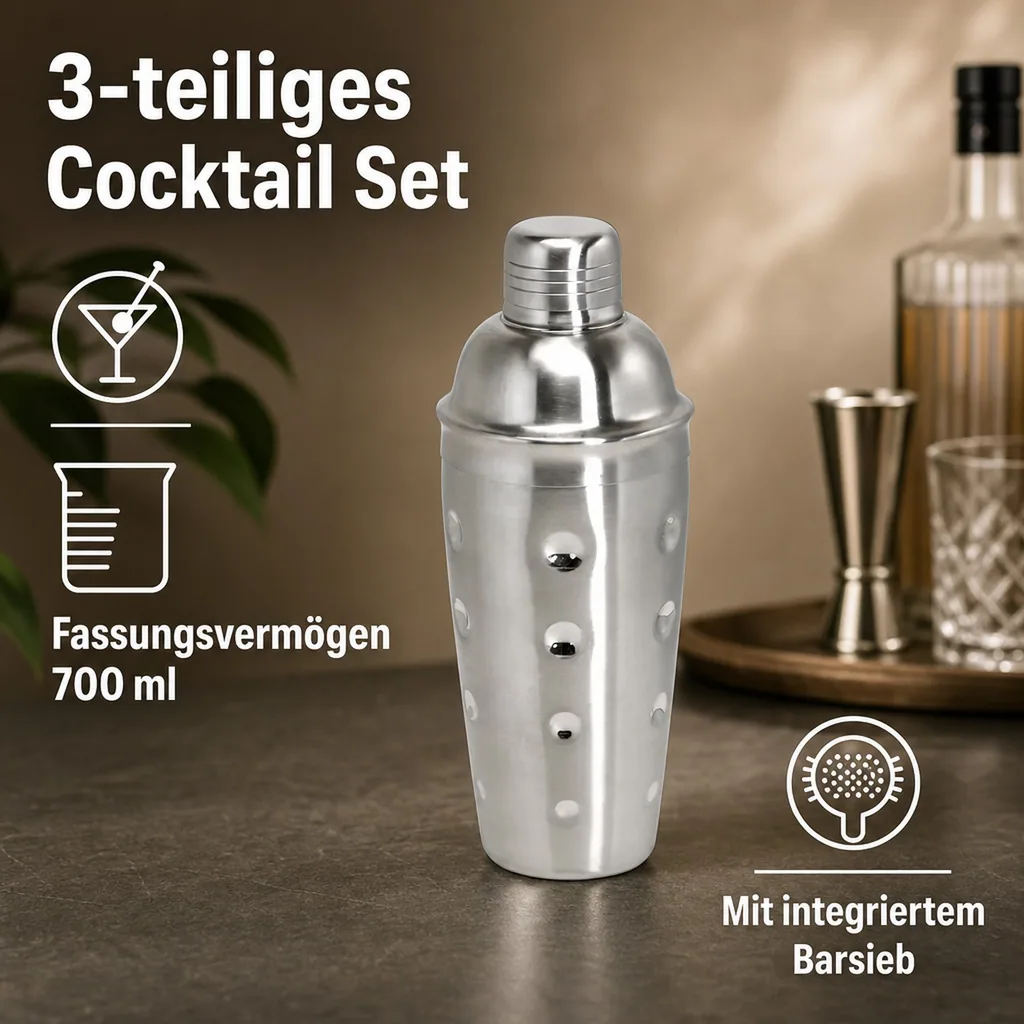 Cocktail shaker 3tlg. - Edelstahl mit Sieb - 700 ml.