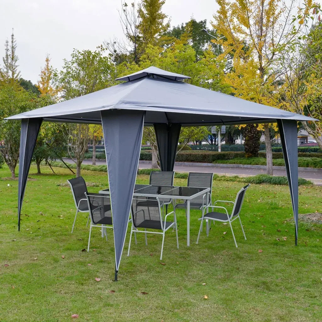 Pavillon mit Doppeldach, Metallrahmen, grau, 3,5 x 3,5 x 2,7 m